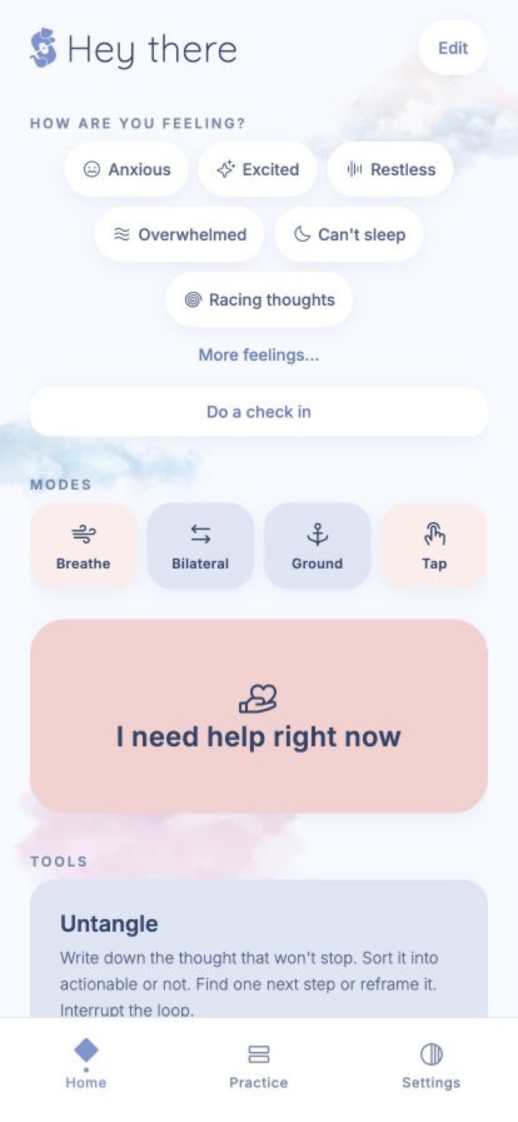 The Stoaa home screen: a row of feelings, four modes, and a large help card.